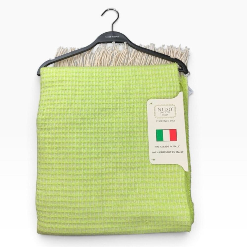 NWT Nido Notte Italia Throw Blanket Green Waffle Fringe Made Italy 51x67